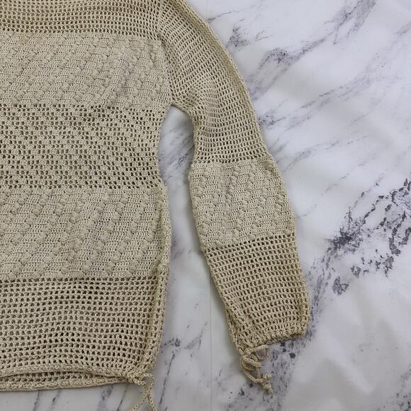 Vintage Y2k Crochet Knit Sweater Size S Cream Sheer Puff Sleeve Boho Cottage - Picture 3 of 11